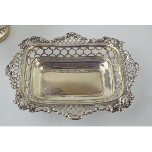 637 - Silver sweet / bon bon dishes to include a pedestal example, Birm 1909 and a basket style piece, Lon... 