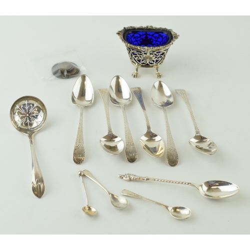 640 - Silver to include a set of six bright cut Georgian tea spoons, a silver sugar sifter spoon and a sil... 