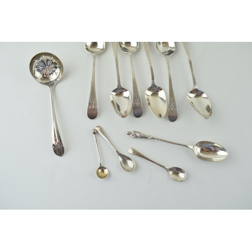 640 - Silver to include a set of six bright cut Georgian tea spoons, a silver sugar sifter spoon and a sil... 