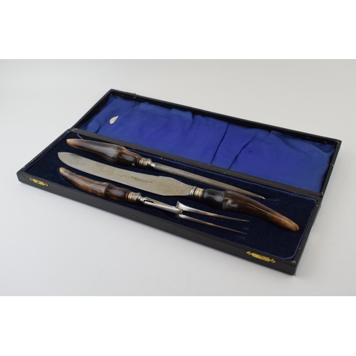 651 - Superior Cutlery of Sheffield horn handled three piece carving set in fitted case, with silver colla... 