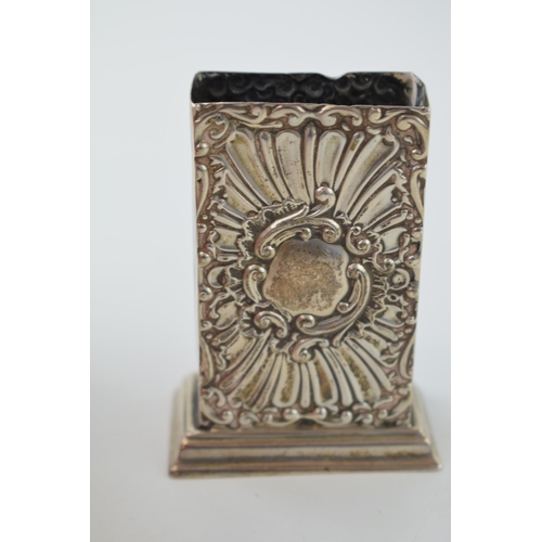 656 - Silver ornate matchbox holder, freestanding, Birm 1903, 7cm tall, 28.3g.