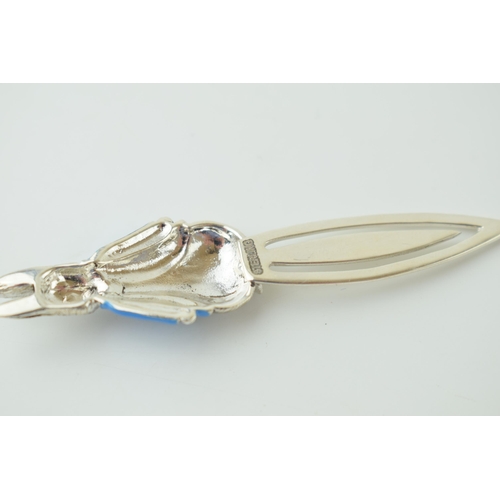 660 - Silver bookmark with Peter Rabbit with blue enamel coat, 7.5cm long.