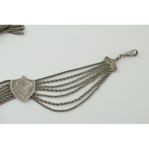 666 - Victorian unmarked silver albertina pocket watch chain, 38.0g, 30cm long.