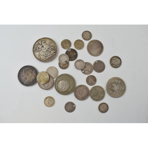 687 - Pre-1920 silver coins to include an 1899 Half Crown, an 1889 Crown, Goergian coins and later, circa ... 