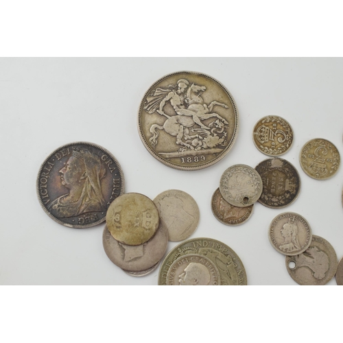 687 - Pre-1920 silver coins to include an 1899 Half Crown, an 1889 Crown, Goergian coins and later, circa ... 