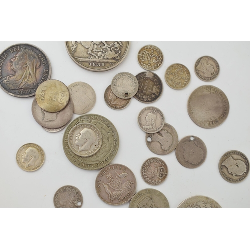 687 - Pre-1920 silver coins to include an 1899 Half Crown, an 1889 Crown, Goergian coins and later, circa ... 