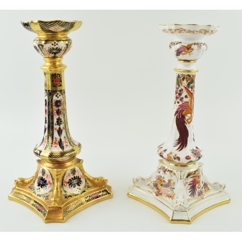 123 - A Royal Crown Derby 1128 Imari tall candlestick, 27cm tall, with a similar Olde Avesbury example (bo... 