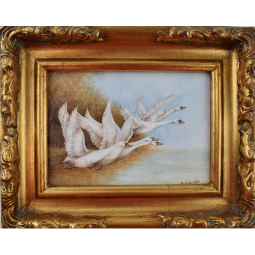 160 - Christopher Hughes (former Royal Worcester artist) hand painted rectangular plaque of 'Flying Swans ... 
