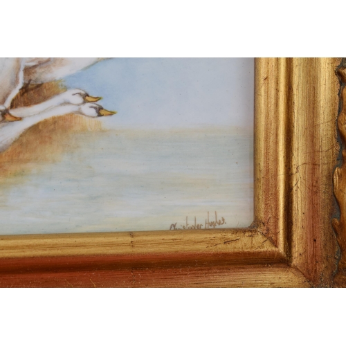 160 - Christopher Hughes (former Royal Worcester artist) hand painted rectangular plaque of 'Flying Swans ... 