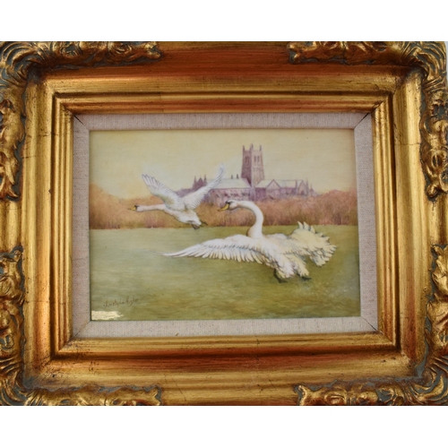 163 - Christopher Hughes (former Royal Worcester artist) hand painted rectangular plaque of Flying Swans n... 