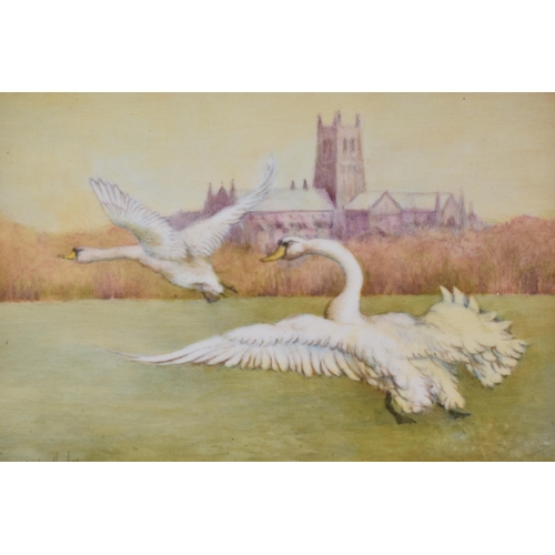 163 - Christopher Hughes (former Royal Worcester artist) hand painted rectangular plaque of Flying Swans n... 