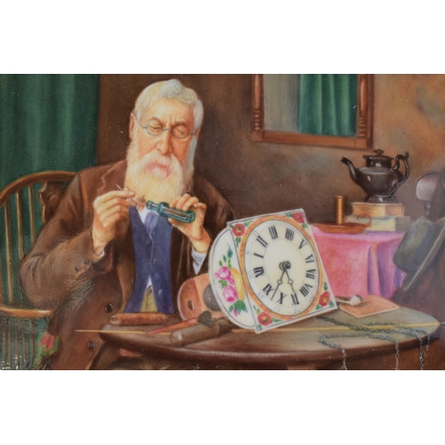 164 - Francis Clark (former Royal Worcester artist) hand painted rectangular plaque of a horologist repair... 