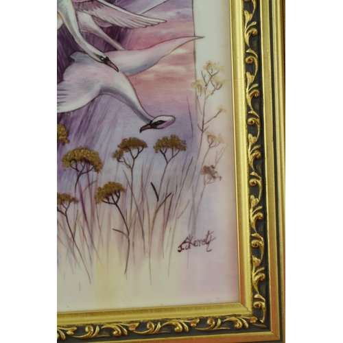 165 - James Skerrett (former Royal Worcester artist) hand painted rectangular plaque of flying swans over ... 