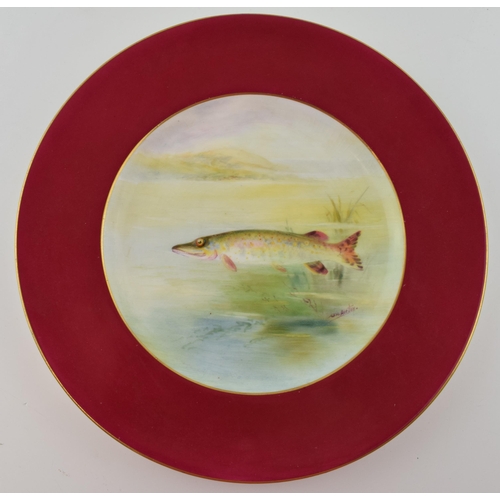 167 - Royal Worcester porcelain cabinet plate hand painted with Pike by W H Austin 23cm diameter.