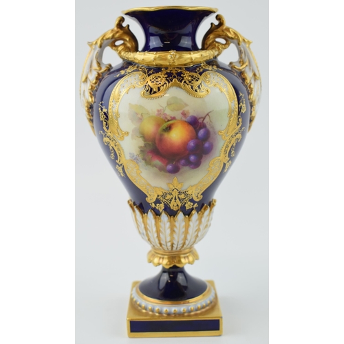 168 - Royal Worcester hand painted fruit scene vase, signed by R Sebright, twin handled, gilt decoration o... 