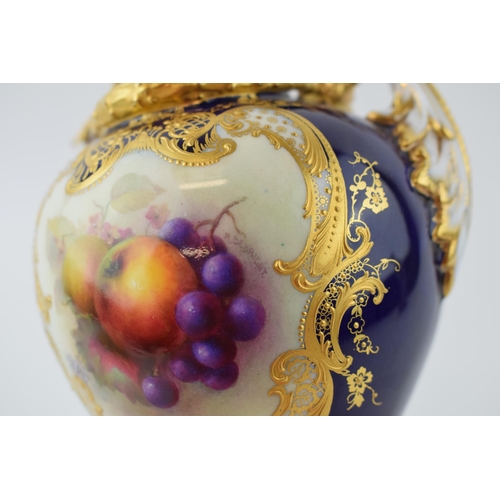 168 - Royal Worcester hand painted fruit scene vase, signed by R Sebright, twin handled, gilt decoration o... 