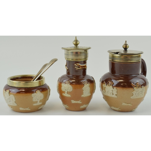 178 - Royal Doulton two-tone stoneware cruet set with plated mounts with 2 associated silver spoons, 11.9 ... 