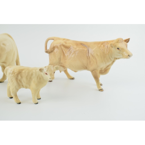 48 - Beswick Charolais cattle to include the cow, bull (chip to horn) and calf (3).