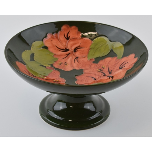 74 - Moorcroft pedestal bowl / tazza, Hibiscus on green, 19cm wide.