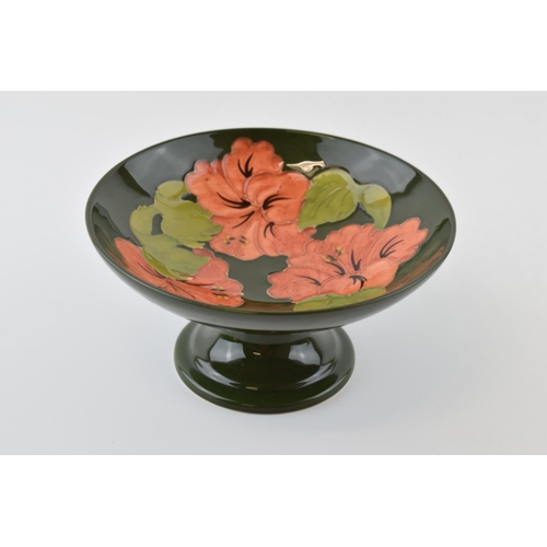 74 - Moorcroft pedestal bowl / tazza, Hibiscus on green, 19cm wide.