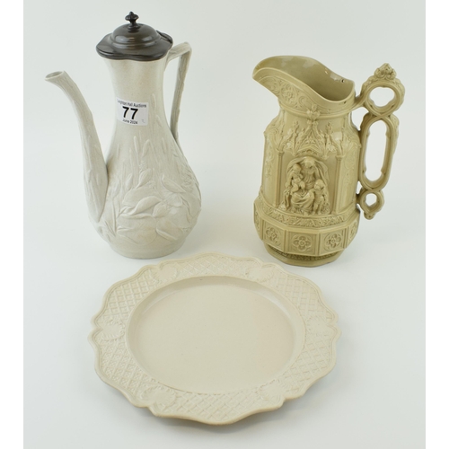 77 - A 'Minster Jug' Dated 1846 by Charles Meigh, a Drab / Cream ware plate together with a pewter topped... 