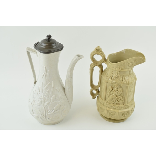 77 - A 'Minster Jug' Dated 1846 by Charles Meigh, a Drab / Cream ware plate together with a pewter topped... 