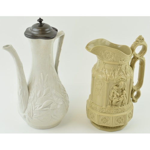 77 - A 'Minster Jug' Dated 1846 by Charles Meigh, a Drab / Cream ware plate together with a pewter topped... 