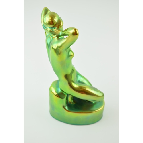 82 - Zsolnay Pecs Hungary model of a nude female figure, eosin green/gold lustre glaze, 25cm.