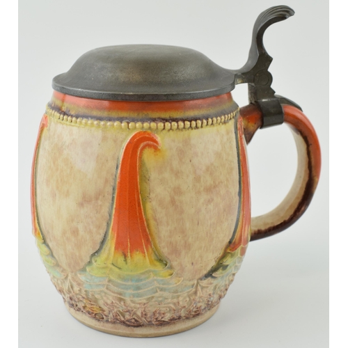 86 - Dumler and Breiden Art Nouveau pottery tankard with pewter lid, 15.5cm tall.