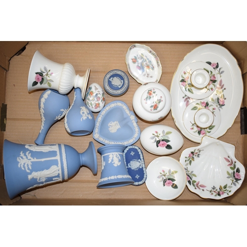 301 - Wedgwood to include Jasperware such as a 7'' blue vase, dip blue Jasperware trinkets with 'Hanley' c... 