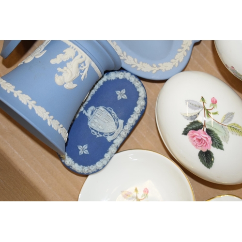 301 - Wedgwood to include Jasperware such as a 7'' blue vase, dip blue Jasperware trinkets with 'Hanley' c... 