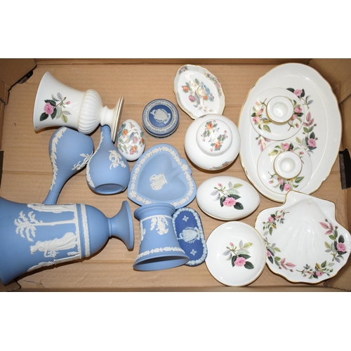 301 - Wedgwood to include Jasperware such as a 7'' blue vase, dip blue Jasperware trinkets with 'Hanley' c... 