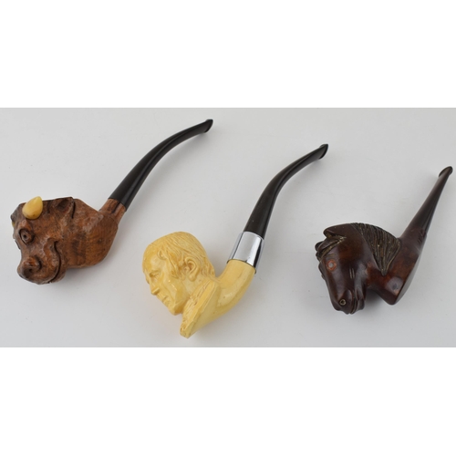 315 - A trio of vintage novelty smoking pipes, one with a bull's head, one a horse and the other a gentlem... 