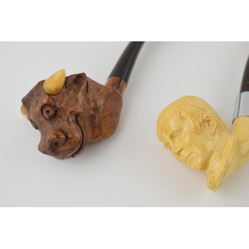 315 - A trio of vintage novelty smoking pipes, one with a bull's head, one a horse and the other a gentlem... 