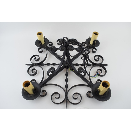 341 - Wrought Iron lamp fitting, vendor believed to have been made in Vienna - Metelgeschaft. 51cm x 20cm.