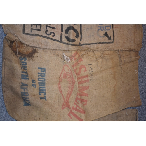 347 - A collection of vintage agriculural hessian sacks with 'Fish Meal', 'Pig Meal', Dairy Meal' and simi... 