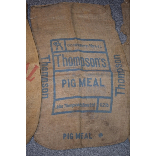 347 - A collection of vintage agriculural hessian sacks with 'Fish Meal', 'Pig Meal', Dairy Meal' and simi... 