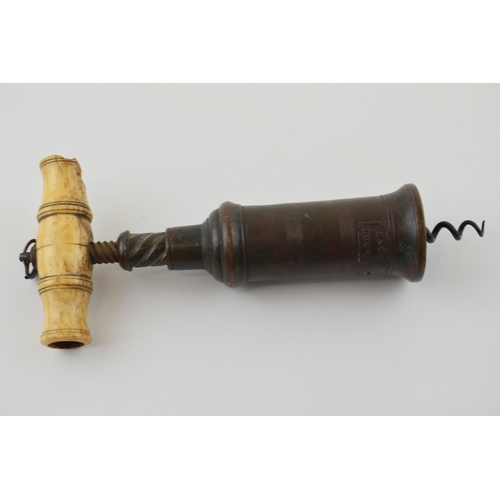 351 - 19th Century brass cylinder Thomason type double action corkscrew with turned bone handle (brush mis... 