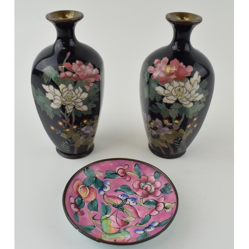 358 - A pair of cloisonne vases with floral design, damage to one, with a similar dish (3), 12.5cm tall.