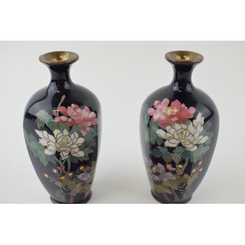 358 - A pair of cloisonne vases with floral design, damage to one, with a similar dish (3), 12.5cm tall.