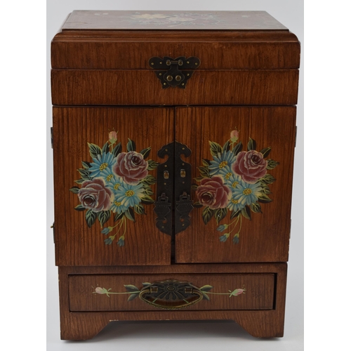 380 - 20th century wooden folding jewellery box with different compartments, 40cm tall, with floral decora... 