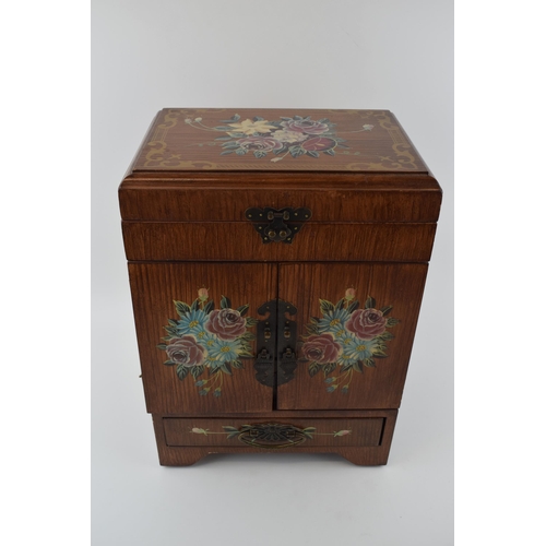 380 - 20th century wooden folding jewellery box with different compartments, 40cm tall, with floral decora... 