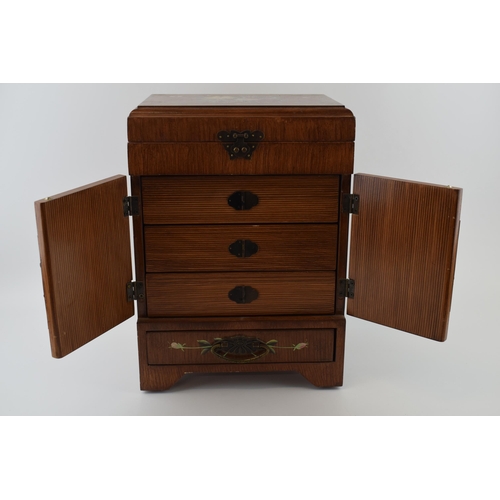 380 - 20th century wooden folding jewellery box with different compartments, 40cm tall, with floral decora... 