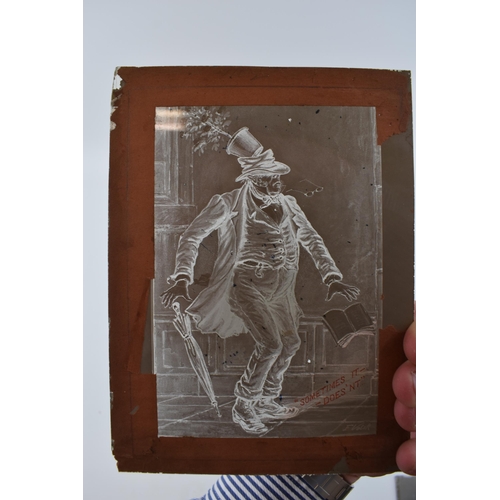 387 - A collection of glass lantern slides to include 'All Good Comes From Above' by F Volck, family photo... 