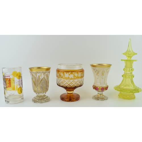 388 - A collection of Bohemia Glass to include goblets, a Uranium glass decanter and of note an acid etche... 