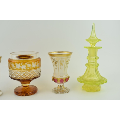 388 - A collection of Bohemia Glass to include goblets, a Uranium glass decanter and of note an acid etche... 