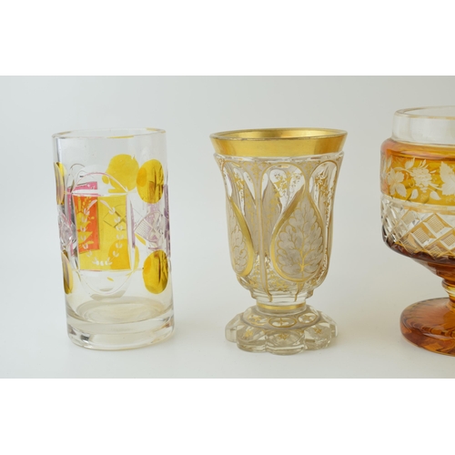 388 - A collection of Bohemia Glass to include goblets, a Uranium glass decanter and of note an acid etche... 