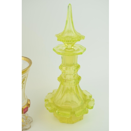 388 - A collection of Bohemia Glass to include goblets, a Uranium glass decanter and of note an acid etche... 