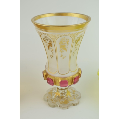 388 - A collection of Bohemia Glass to include goblets, a Uranium glass decanter and of note an acid etche... 