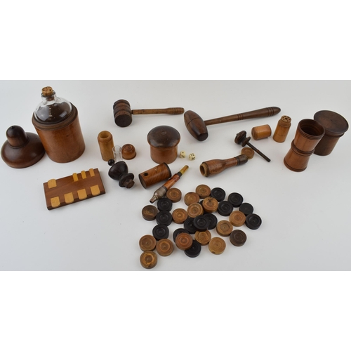 436 - A good collection of treen items to include dice shaker, gaming chips, auctioneers gavel's, S.Maw, S... 